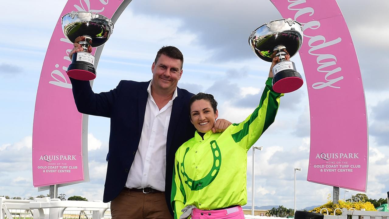 Epic Girl (right) ridden by Tegan Harrison for trainer Chris Anderson gets the better of Kisukano in the Pink Ribbon Cup at the Gold Coast. Picture: Trackside Photography