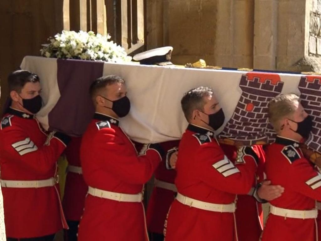 His Royal Highness Prince Philip, Duke of Edinburgh’s coffin at St Georges Chapel, Windsor Castle. Picture: Channel 7