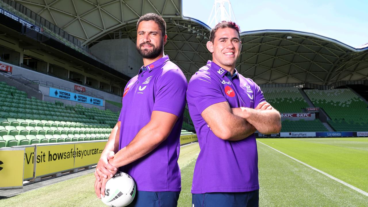 Storm co-captains Jesse Bromwich (L) and Dale Finucane (R) at AAMI Park. Picture: NCA NewsWire / David Crosling