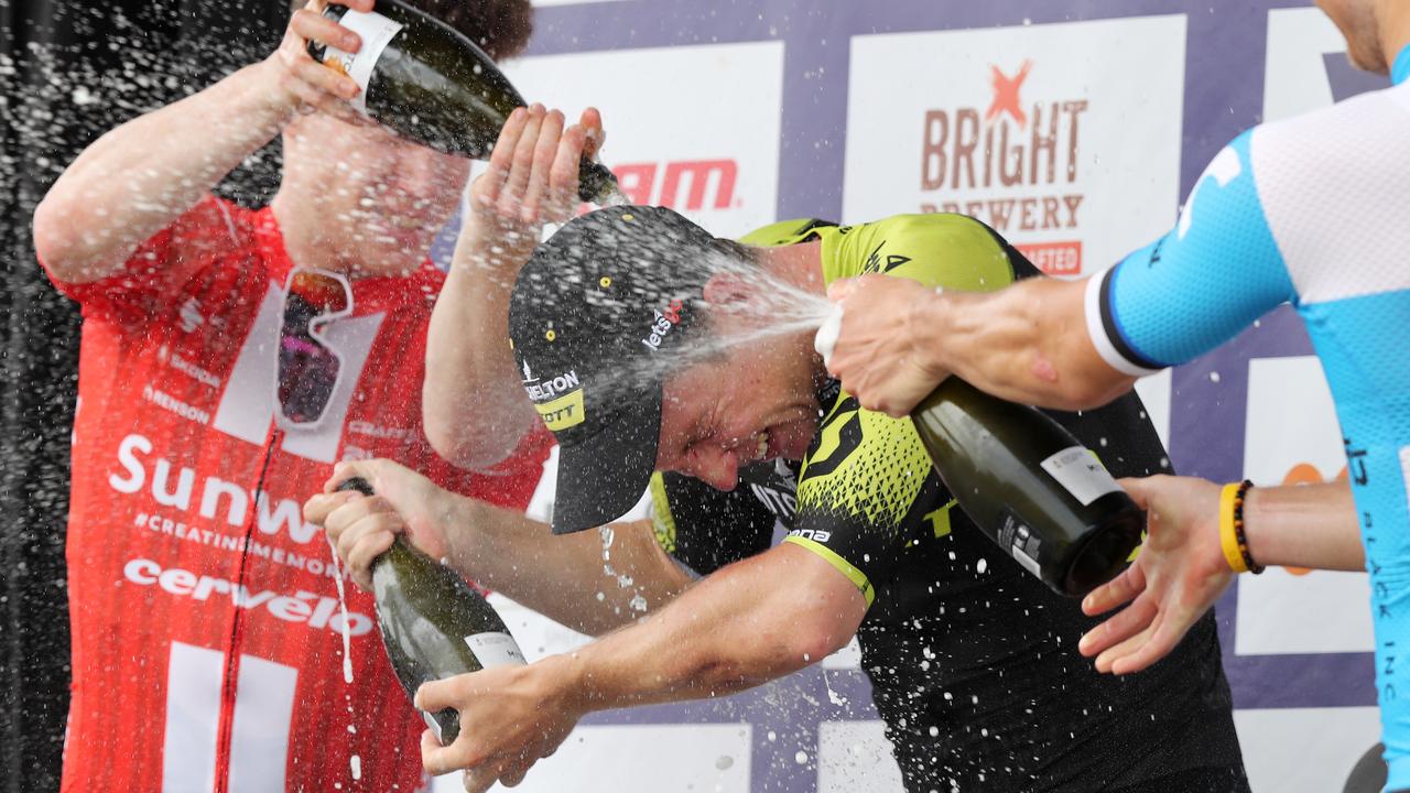 Kaden Groves of Mitchelton-Scott gets a champagne shower. Picture: Michael Klein