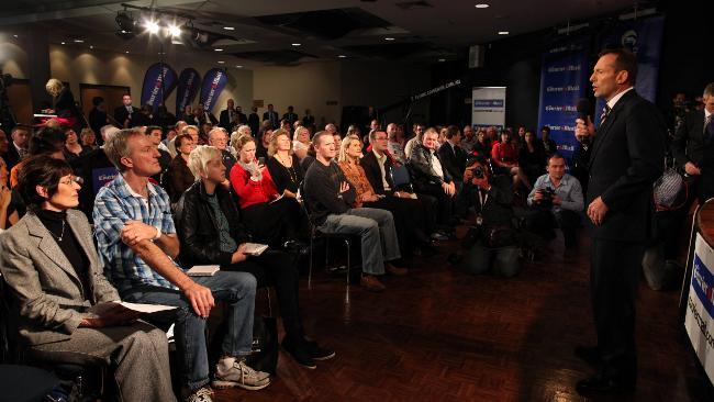 Tony Abbott answers questions from the audience at the Broncos Leagues Club in Brisbane. Picture: Rob Maccoll