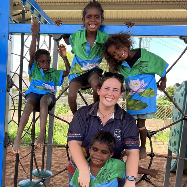 Northern Territory teacher Claire Vogan with students at Miniyeri, southeast of Katherine. Picture: Supplied