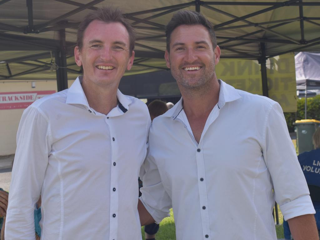 Michael Shelley and Dustin Phillips at the Yeppoon Turf Club's Derby Day races at Keppel Park Racecourse on November 2, 2024.