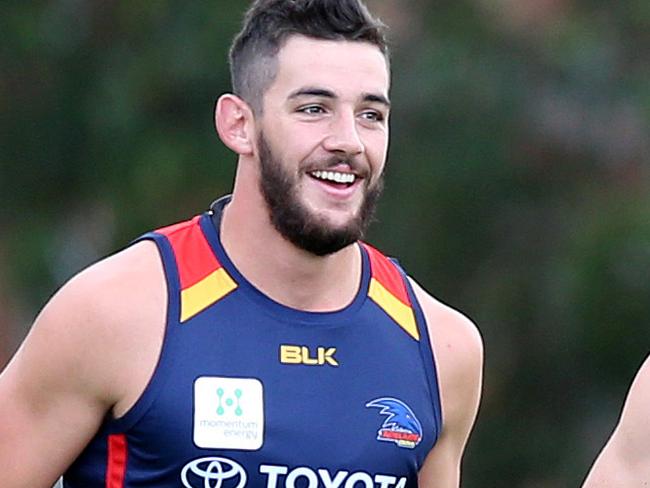 AFL - Crows training for senior players - Adelaide University Loop. Brent Reilly, Scott Thompson, Taylor Walker, Brad Crouch, Matthew Wright and Matt Crouch - all happy to be back. Photo Sarah Reed.