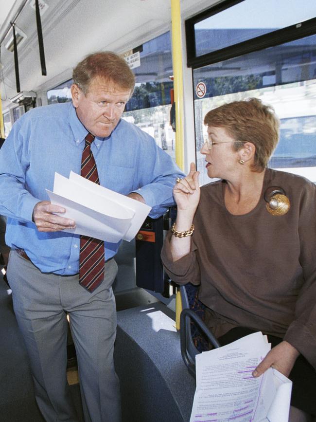 SA politician Diana (Di) Laidlaw with Premier Rob Kerin travelling along Southern Expressway on a bus announcing Liberal Party transport policy during the 2002 state election campaign. Picture: File