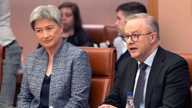 Senator Wong was backed by Mr Albanese when asked about her trip to Israel. (Photo by HILARY WARDHAUGH / AFP)