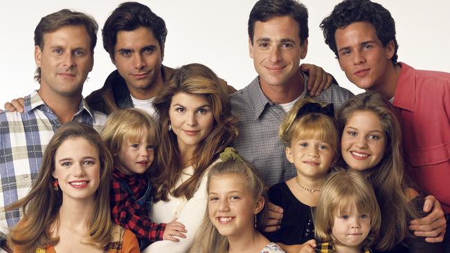 Full House cast from left Dave Coulier (Joey), Andrea Barber (Kimmy), John Stamos (Jesse), Blake Tuomy-Wilhoit (Nicky), Lori Loughlin (Rebecca), Jodie Sweetin (Stephanie), Bob Saget (Danny), Ashley Olsen (Michelle), Dylan Tuomy-Wilhoit (Alex), Candace Cameron (D.J.), Scott Weinger (Steve). Picture: Getty