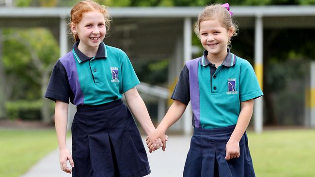 Alexis Stringfellow, year 3, and Violet O'Shea, year 2, attend North Lakes State College which has grown to become the second biggest school in the state. Pics Tara Croser.