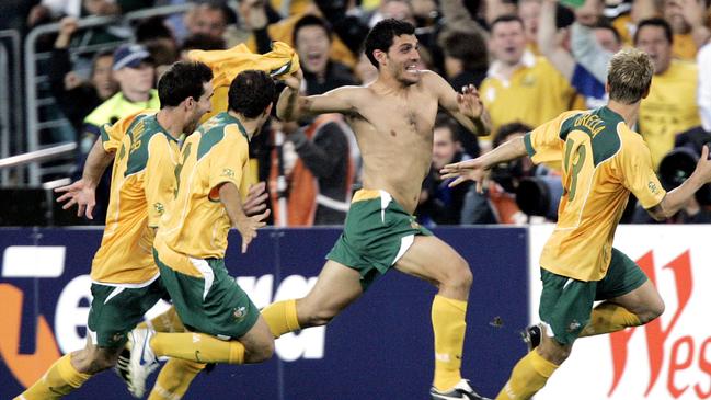 Arguably the most famous Socceroos photo. Here Tony Vidmar, Scott Chipperfield, John Aloisi and Vincenzo Grella celebrate after defeating Uruguay on penalties during their second leg FIFA World Cup qualifier against Uruguay in 2005. Australia booked a World Cup 2006 finals berth for the first time in 31 years.