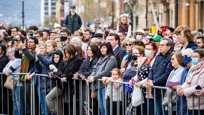 South Australians gathered at Parliament House, North Tce, to witness the Proclamation of the ascension of King Charles III. Picture: Tom Huntley