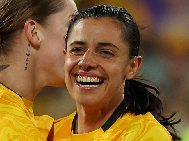 GEELONG, AUSTRALIA - DECEMBER 07: Sharn Freier of Australia celebrates scoring a goal with Alex Chidiac of Australia during the International Friendly Match between the Australia Matildas and Chinese Taipei at GMHBA Stadium on December 07, 2024 in Geelong, Australia. (Photo by Morgan Hancock/Getty Images)