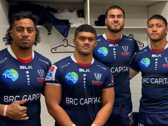 The Melbourne Rebels "Burn Boyz -   (L-R) Pone Fa’amausil, Jordan Uelese,  Trevor Hosea,  Rob Leota