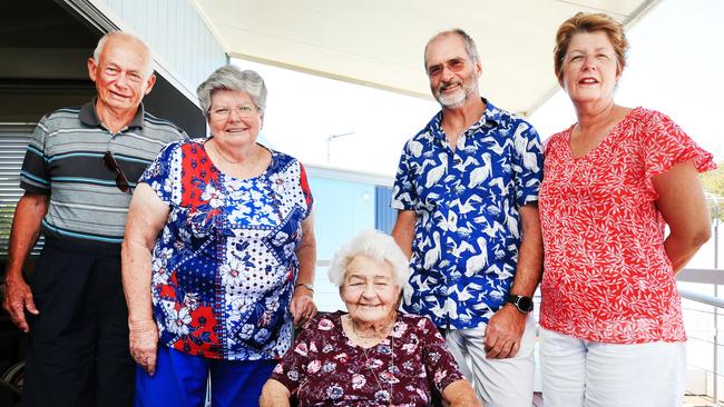 Joyce Bews (centre) celebrates her 100th birthday on January 2 with her family Peter and Lynne Whiteoak and Greg and Pam Bews at Tweed Holiday Parks North Kingscliff where she has spent each Christmas for the past 20 years.