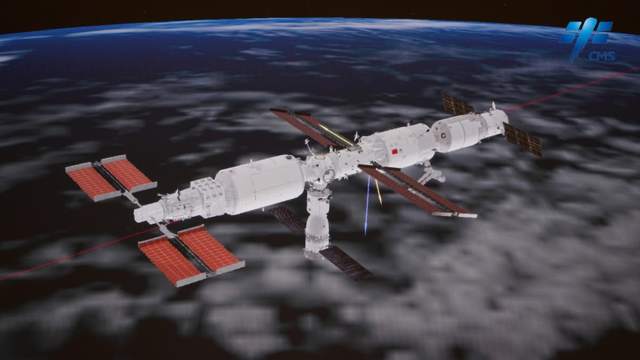 This illustration shows the configuration of the Tiangong space station after docking of the Wentian module (left) to the Tianhe core module (right). A Shenzhou crew spacecraft and Tianzhou cargo ship are also docked at the station. Picture: China Manned Space Agency