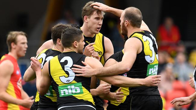 Tom Lynch celebrates a goal against his old side. Picture: AAP Images