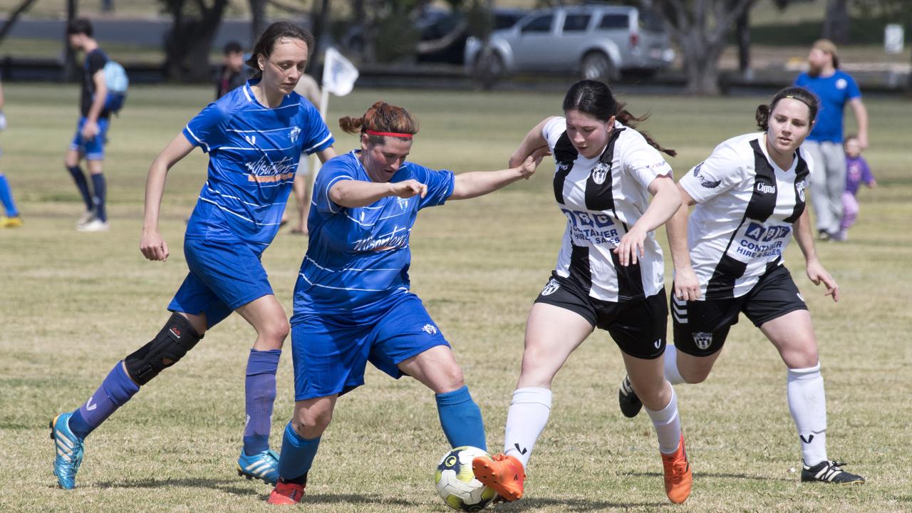 Rockville’s Penny Dukes (left) and Willowburn’s Claudia Maiore contest possession during a match earlier this season. Rockville play Highfields this weekend for the right to play Willowburn in the TFL Premier Women’s grand final.