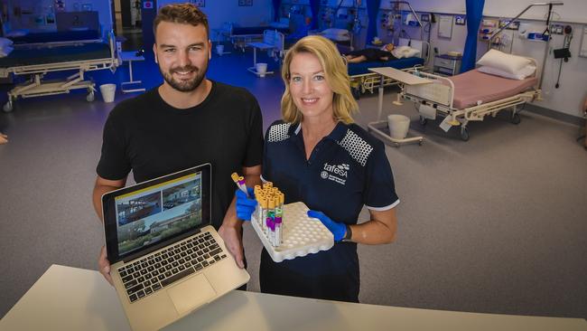 Building Designer George Brown and pathology worker Susan Mercer in the health training laboratory at TAFE SA’s Adelaide city campus. Picture: Roy VanDerVegt