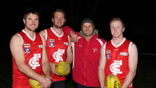 Cavendish players John Coghlan, Sam Gibson and Pete Coghlan with coach Clinton Thomas, second from right. Picture: Karla Northcott