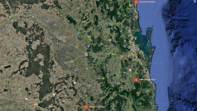 The main areas of fires in Queensland.