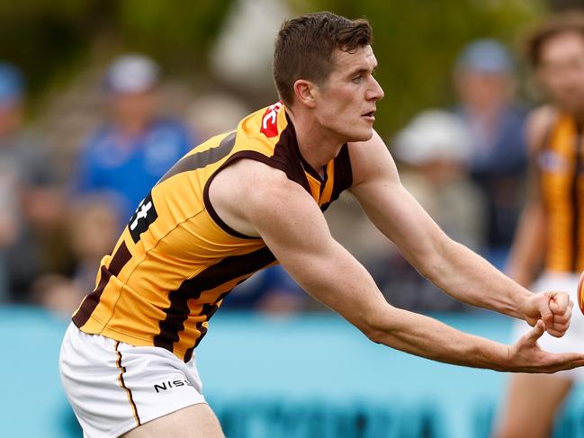 MELBOURNE, AUSTRALIA - FEBRUARY 23: Ethan Phillips of the Hawks in action during the AFL 2024 Match Simulation between the Western Bulldogs and Hawthorn at Whitten Oval on February 23, 2024 in Melbourne, Australia. (Photo by Michael Willson/AFL Photos via Getty Images)