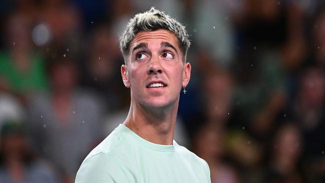 Rain interrupted Thanasi Kokkinakis’ match against Fabio Fognini five times on Tuesday. Picture: Quinn Rooney/Getty Images