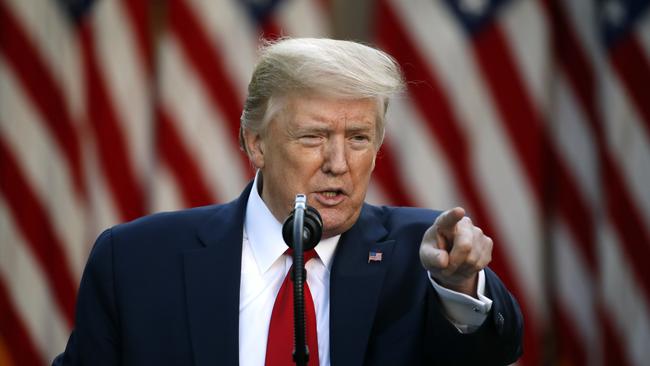 President Donald Trump speaks about the coronavirus in the Rose Garden. Picture: AP