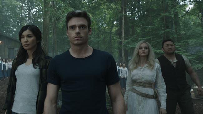 The Eternals, including Gemma Chan, Madden, Angelina Jolie and Lee, on a mission. Picture: Marvel Studios