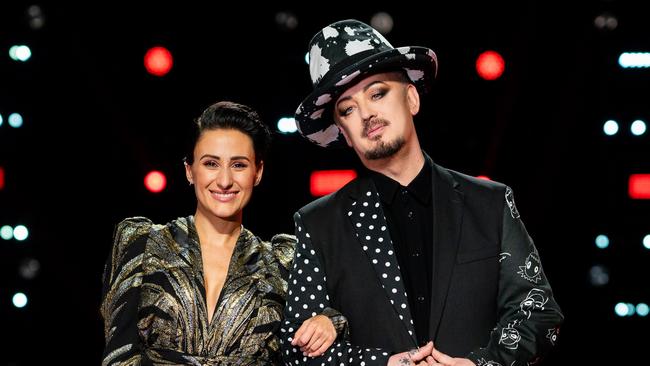 The Voice winner Diana Rouvas and coach Boy George. Supplied: Channel 9.