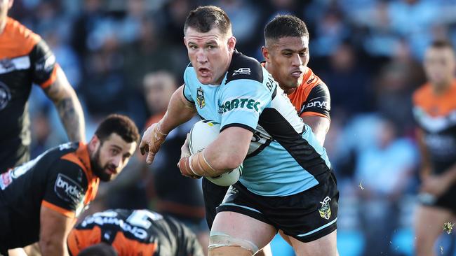 Paul Gallen on the charge for the Sharks against Wests Tigers at Southern Cross Group Stadium. Picture: Brett Costello