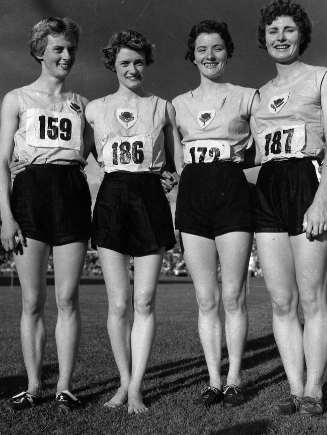 Winners of the Australian women's relay at Olympic Park in 1956 (from left) Betty Cuthbert, Fleur Meller, Nancy Fogarty and Marlene Mathews.