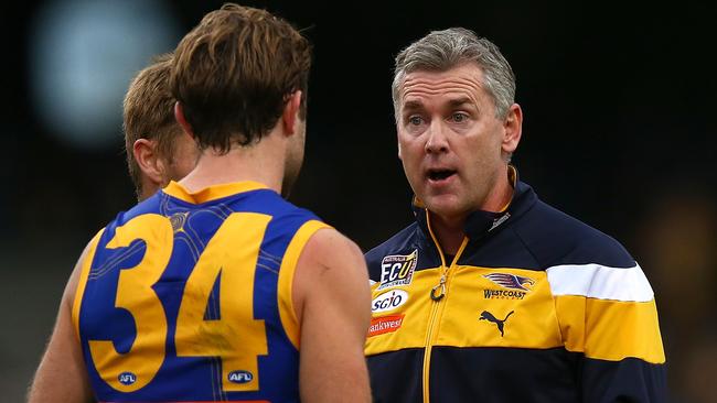 West Coast coach Adam Simpson talks to Mark Hutchings during the loss to Collingwood. (Photo by Paul Kane/Getty Images)