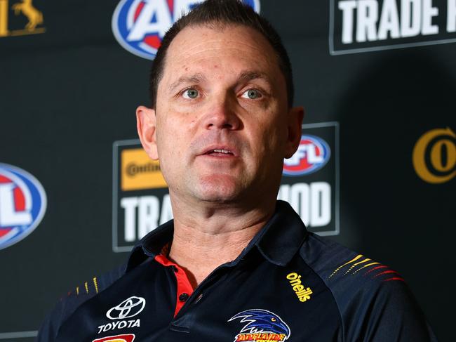 MELBOURNE, AUSTRALIA - OCTOBER 07: Justin Reid, Adelaide GM List Management and Strategy speaks during the 2024 Continental Tyres AFL Trade Period at Marvel Stadium on October 07, 2024 in Melbourne, Australia. (Photo by Josh Chadwick/AFL Photos via Getty Images)