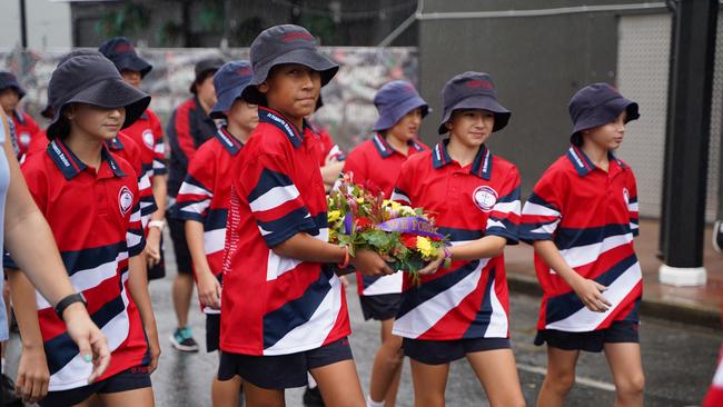 St Francis Xavier Catholic Primary School students at the Mackay Anzac Day Main Service, 2021. Picture: Heidi Petith