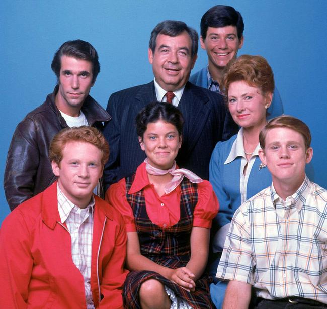 Cast of 1970s TV series Happy Days: Henry Winkler, Tom Bosley, Anson Williams, Marion Ross, Ron Howard, Erin Moran and Donny Most.