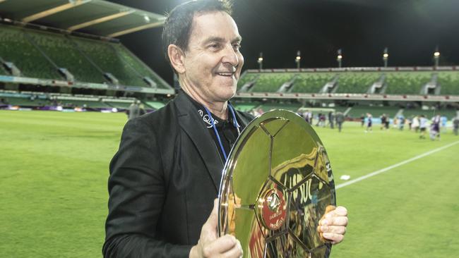 Tony Sage celebrates Glory winning the Premiers Plate during the Round 25 A-League match between Perth Glory and the Newcastle Jets at HBF Park in Perth, Sunday, April 14, 2019. (AAP Image/Tony McDonough) NO ARCHIVING, EDITORIAL USE ONLY