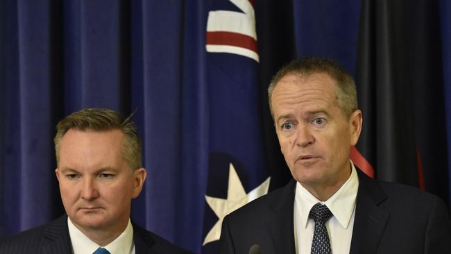 CANBERRA, AUSTRALIA - MARCH 27:  The Leader of the Opposition Bill Shorten and Shadow Treasurer Chris Bowen (L) are seen during a press conference at Parliament House on March 27, 2018 in Canberra, Australia. Today Bill Shorten announced that Labor will exempt all pensioners from its tax imputation policy. Labor is calling it a "pensioner guarantee" whereby 300,000 pensioners will be removed from the policy.  (Photo by Michael Masters/Getty Images)