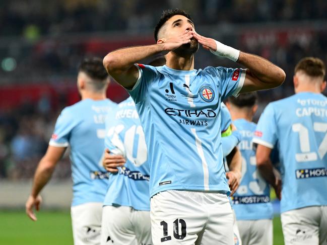 City’s Yonatan Cohen celebrates his goal. Picture: Getty Images