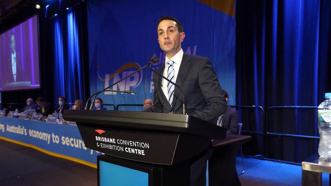 State Opposition Leader David Crisafulli speaks at the LNP State Convention in South Brisbane. Picture: Richard Gosling