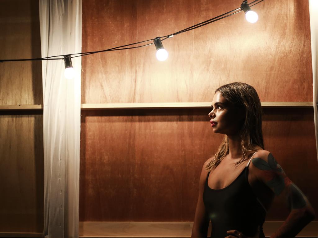 Backstage of Swim show at Carriageworks for Fashion Week. Samantha Harris poses. Picture: Dylan Robinson