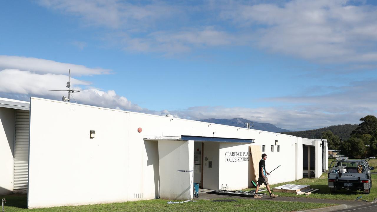 Damage to Clarence Plains Police Station caused from a vehicle driving into the front doors. Picture: Nikki Davis-Jones