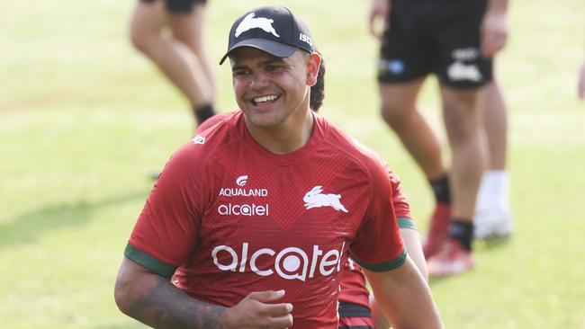 All smiles for Latrell Mitchell in his first Rabbitohs training. Picture: Dylan Robinson