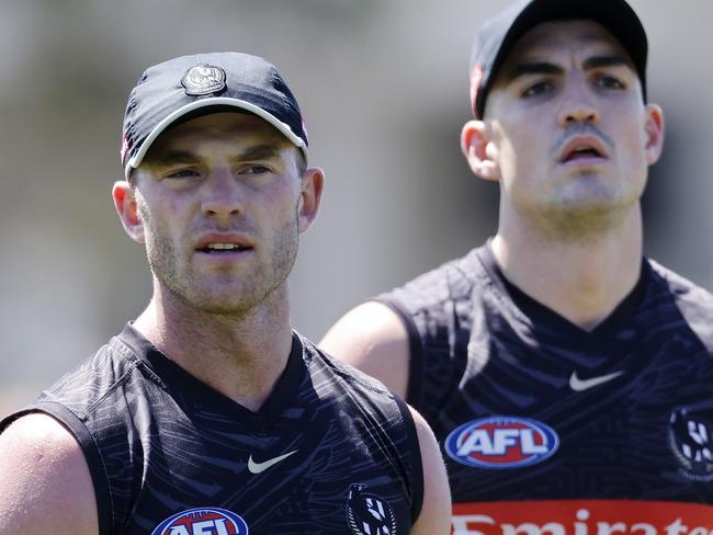 NCA. MELBOURNE, AUSTRALIA. 11th November 2024. AFL.  Collingwood training at Olympic Park . Tom Mitchell and Brayden Maynard of the Magpies  on the first official day back for the 1-4 year players .  Picture: Michael Klein