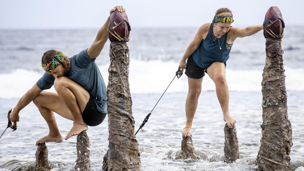 David and Sharn struggle through the final challenge. Picture: Nigel Wright