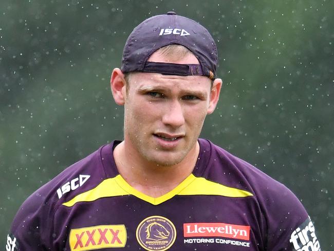 Matt Lodge is seen during a Brisbane Broncos training session at Clive Berghofer Field in Brisbane, Wednesday, March 7, 2018. The Broncos play the St George-Illawarra Dragons in the opening match of the 2018 NRL season on Thursday night in Sydney. (AAP Image/Darren England) NO ARCHIVING