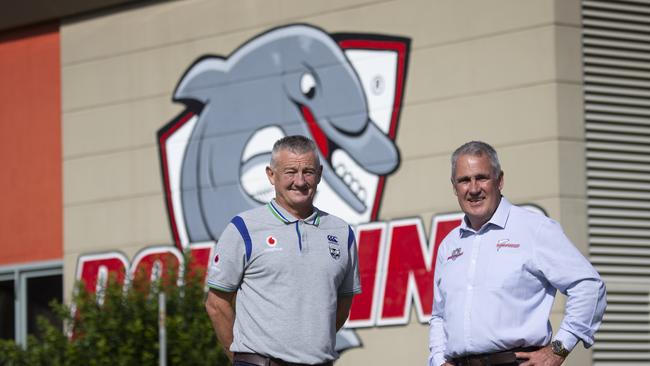 Mark Robinson and Tony Murphy pose for a photograph at the Dolphins Stadium following the new partnership deal. PHOTO:AAP/ Sarah Marshall