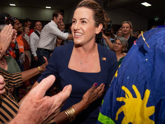 Country Liberal Party leader Lia Finocchiaro arrives to cheers after her party's 2024 Northern Territory election win. Picture: Pema Tamang Pakhrin