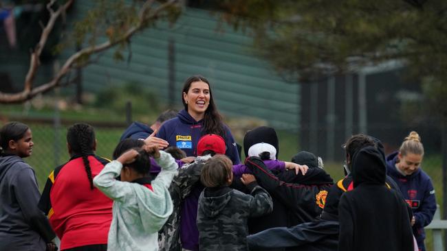 Melbourne AFLW player Saraid Taylor in Santa Teresa ahead of the Alice Springs AFL game between the Demons and Fremantle. Picture: Melbourne Football Club