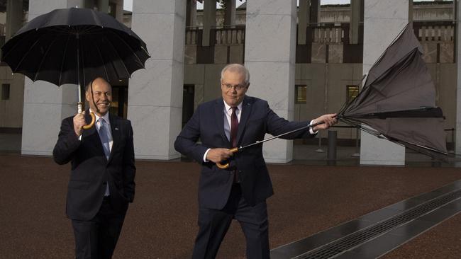 Treasurer Josh Frydenberg and Prime Minister Scott Morrison facing strong headwinds on Wednesday after handing down the Federal Budget on Tuesday night. Picture: NCANewsWire /Gary Ramage