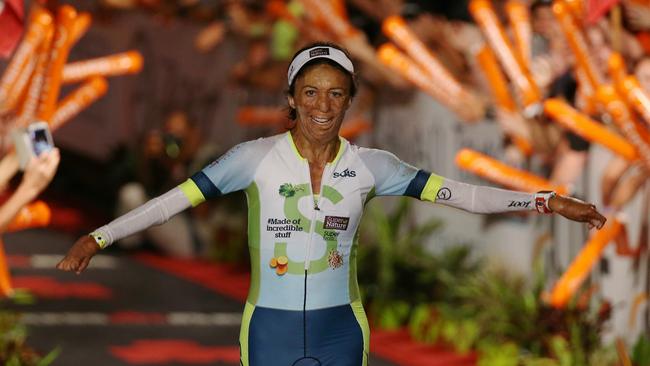 Turia Pitt crosses the finish line . Pic: Michael Klein