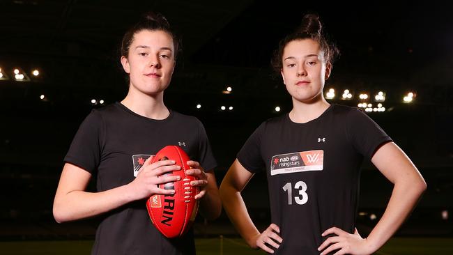 Twins Libby, left, and Chloe Haines have been drafted to the Tassie Kangaroos. Picture: Getty